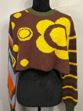 Urban Outfitters Brown & Yellow Floral Cropped Crewneck Sweater